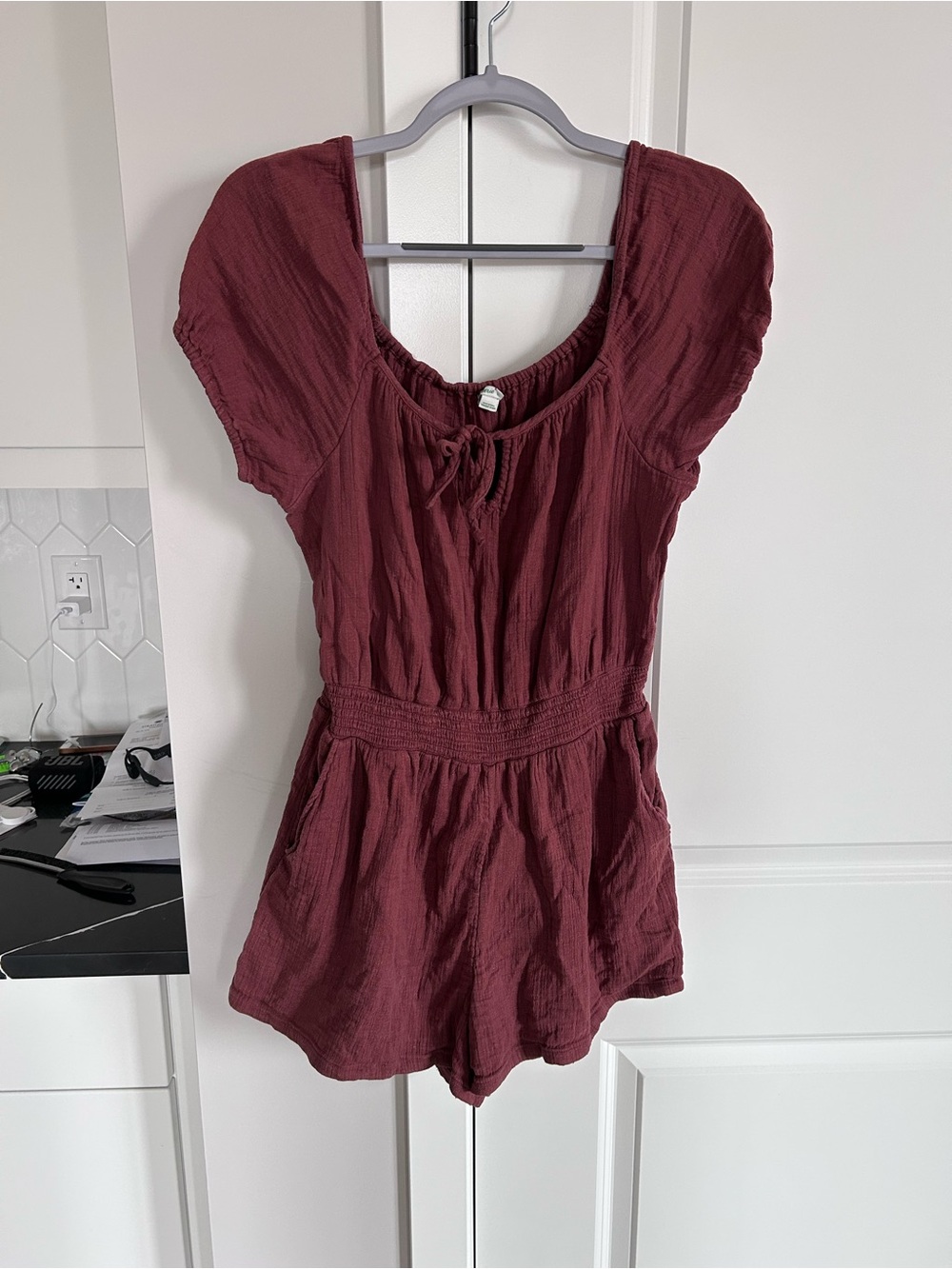 Aerie Puff Sleeve Romper Rust Brown Square Neck Cottagecore Boho Size Medium